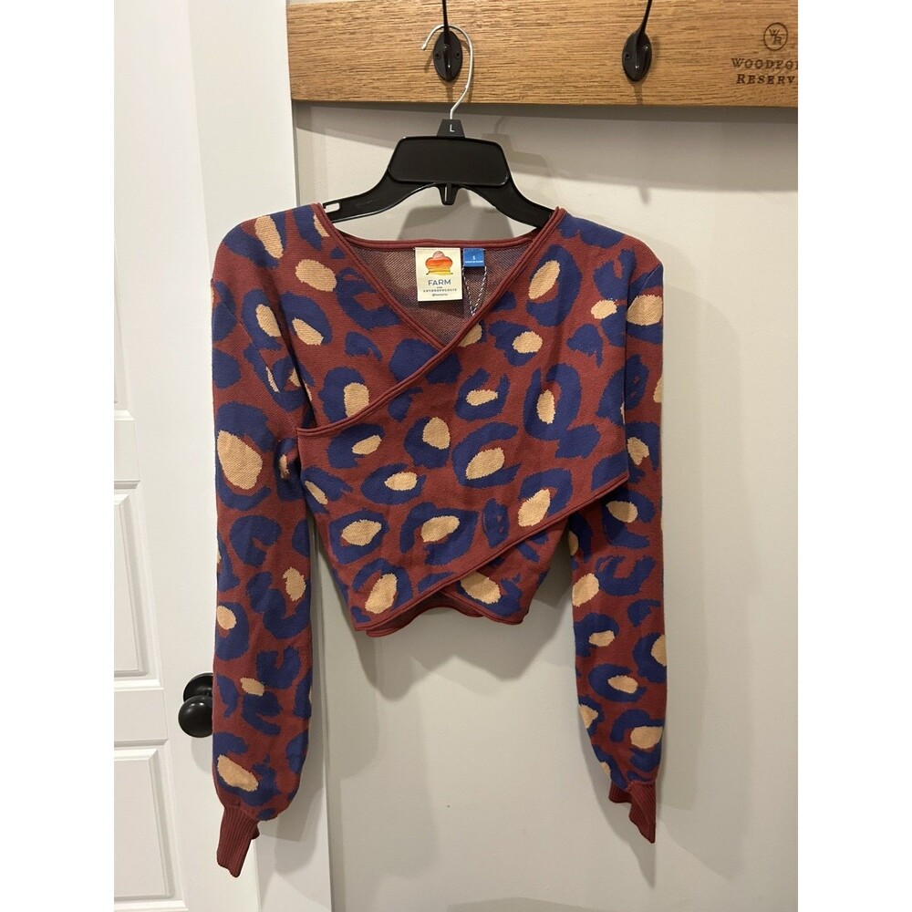 Farm Rio Cheetah Print Cross Front Wrap Cropped Knit Sweater Women’s Small boho